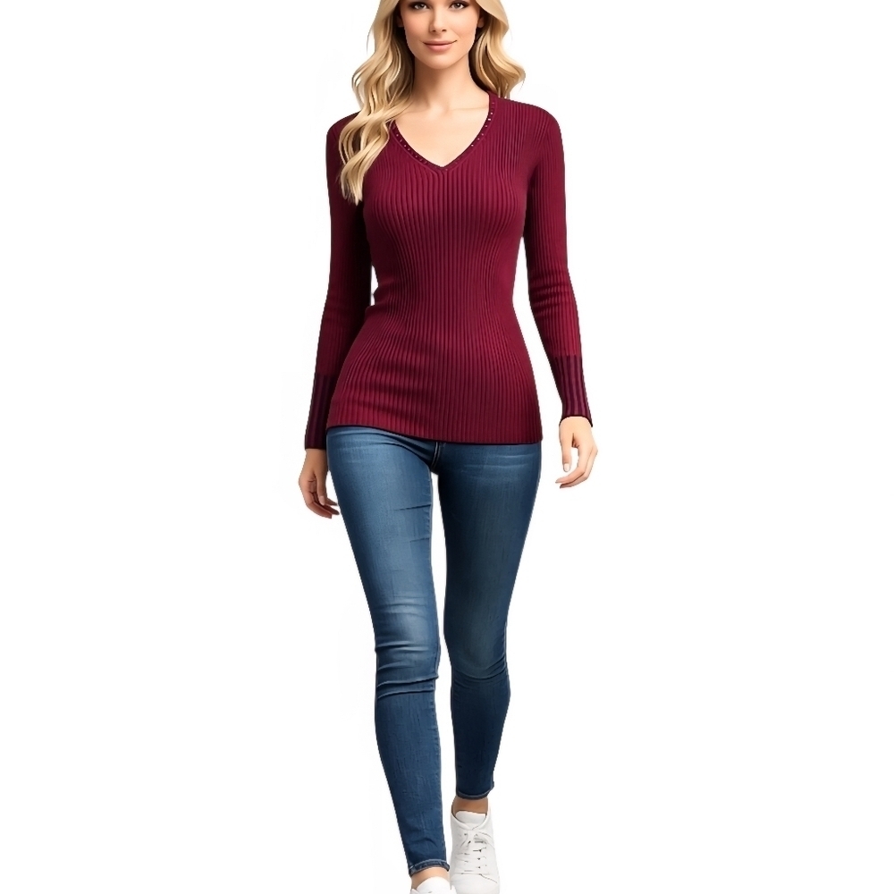 Cache Burgundy Ribbed V-Neck Sweater Women’s Size S – 100% Cotton.